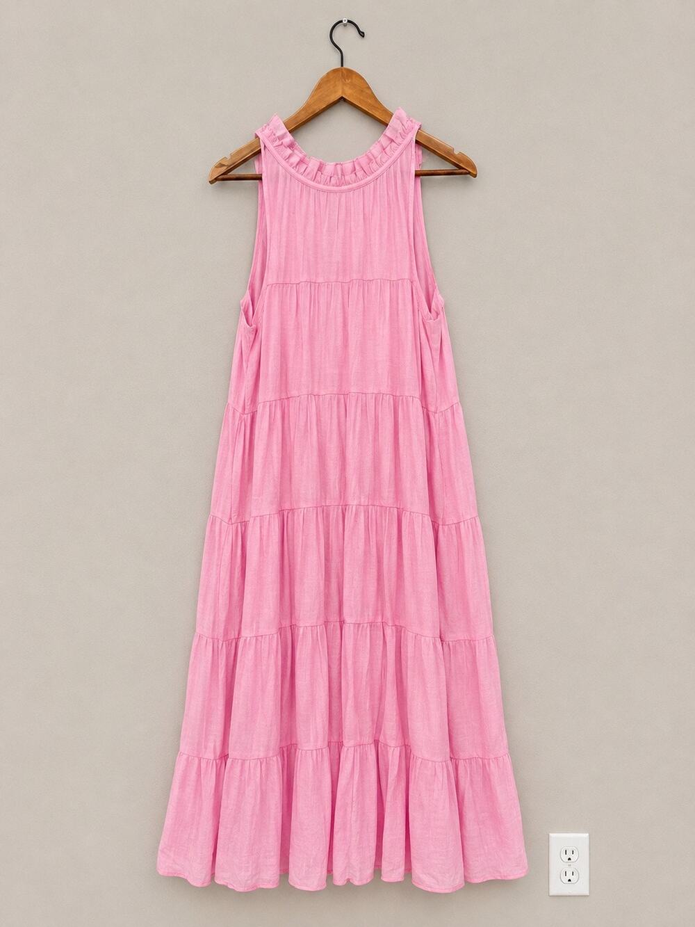 NWOT Anthropology Entro Pink Maxi Tiered Ruffle Sleeveless Cottagecore Sz L